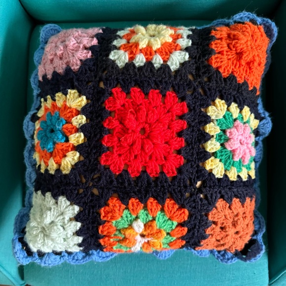 Vintage Crochet Granny-square & Satin Accent Pillow - Picture 3 of 6